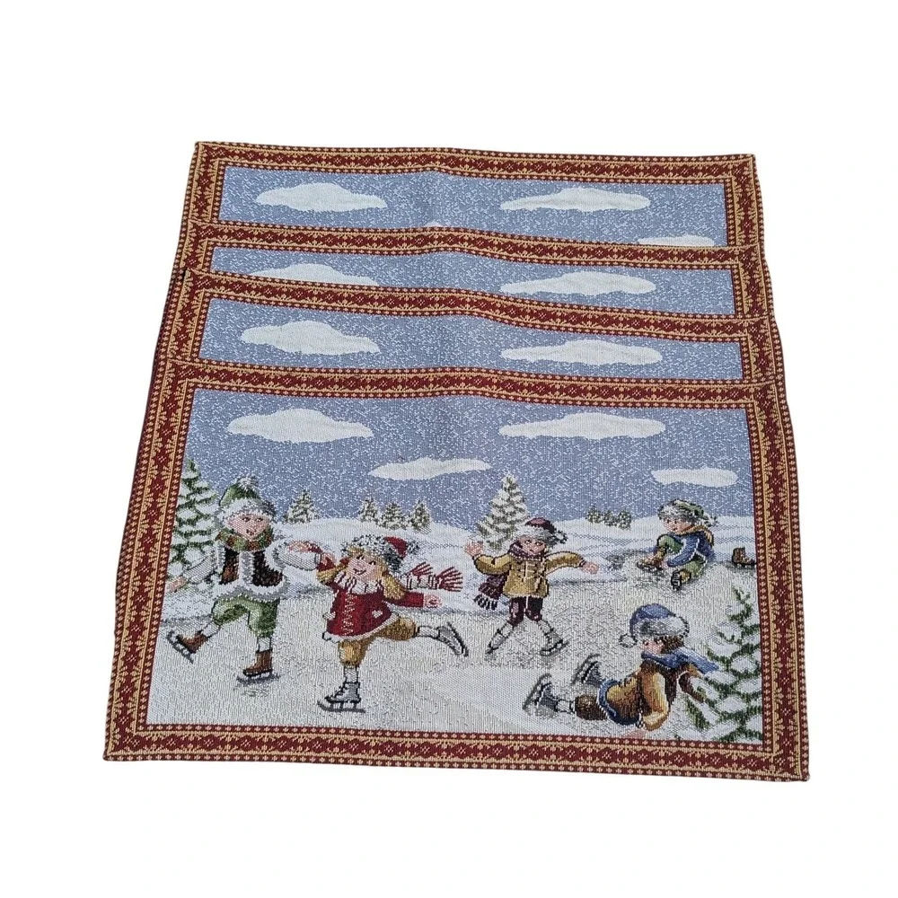 Set of 4 Vintage Winter Ice‎ Skating Woven Tapestry Placemats Red Blue Holiday